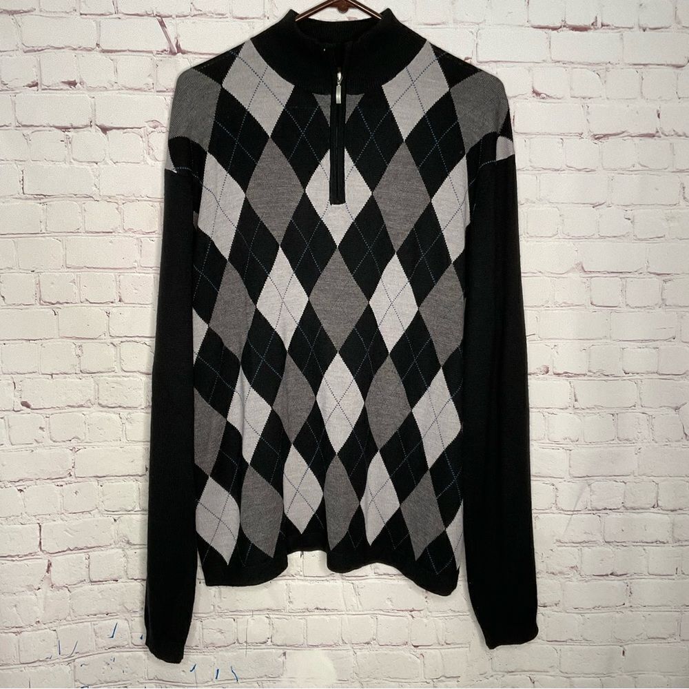 Toscano Mens Sweater Merino Wool Blend XXL Black Argyle Pullover 1/4 Zip 0103892